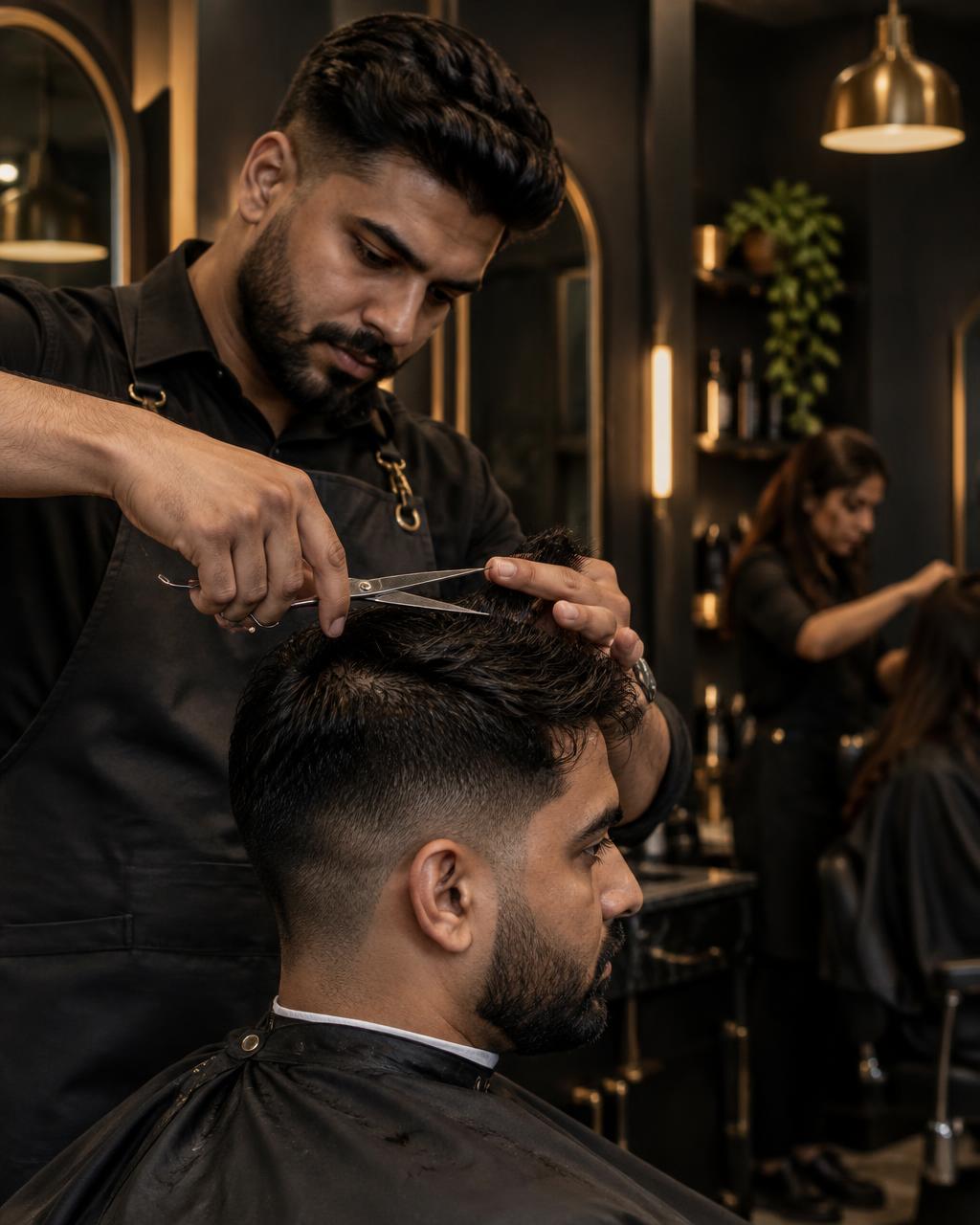 Illustrative portrait of a barber giving a precision haircut